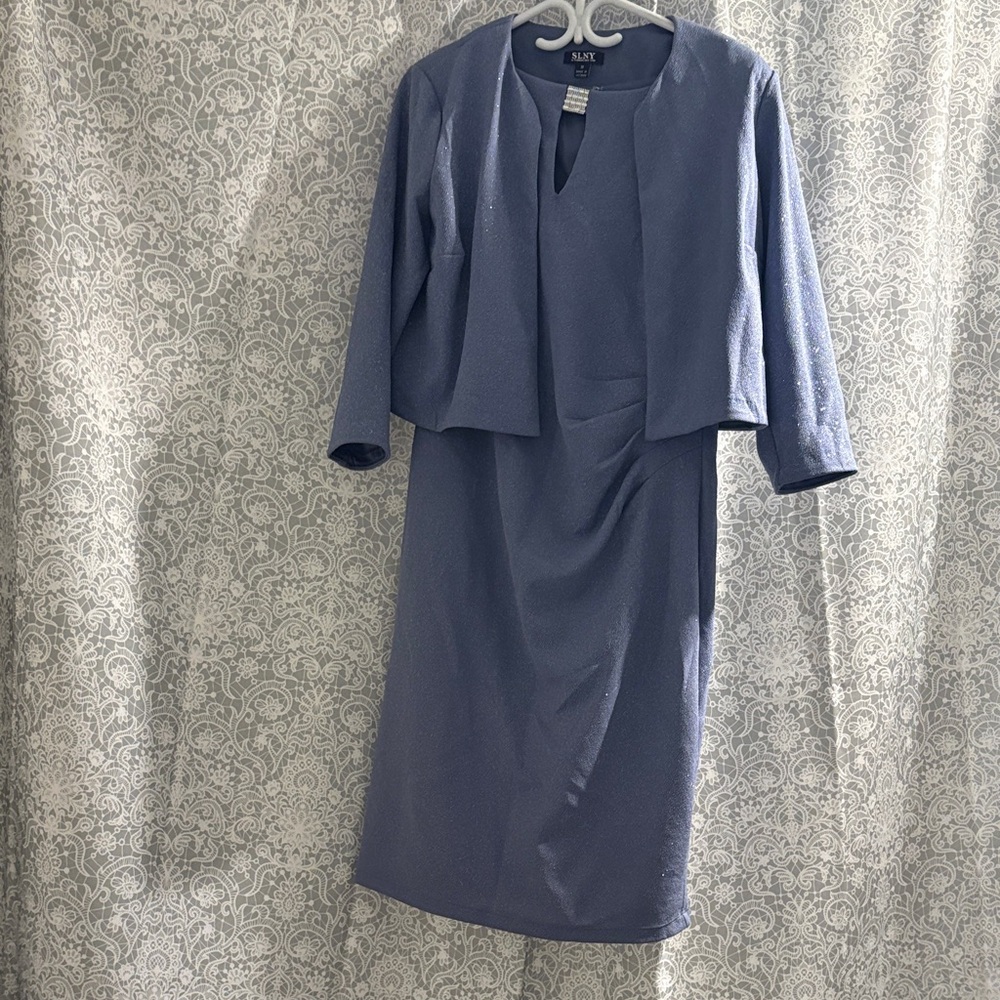 SLNY Elegant Long Sleeve Dress with Jacket - Blue